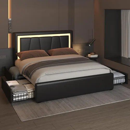 Vista 8 de Benevika Estructura de cama completa con 4 cajones de almacenamiento y cabecera ajustable, cama de plataforma tapizada con luces LED y puertos USB