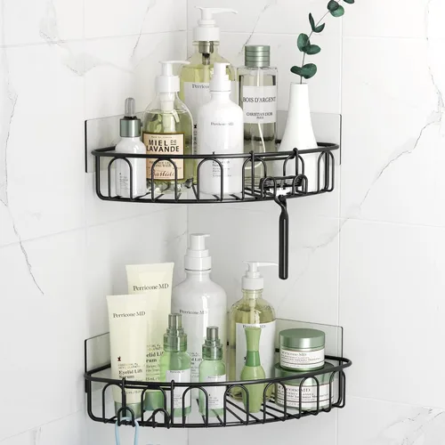 Vista 10 de Orimade Organizador esquinero de ducha de acero inoxidable con ganchos montado en la pared, estante de baño, organizador de almacenamiento, Negro