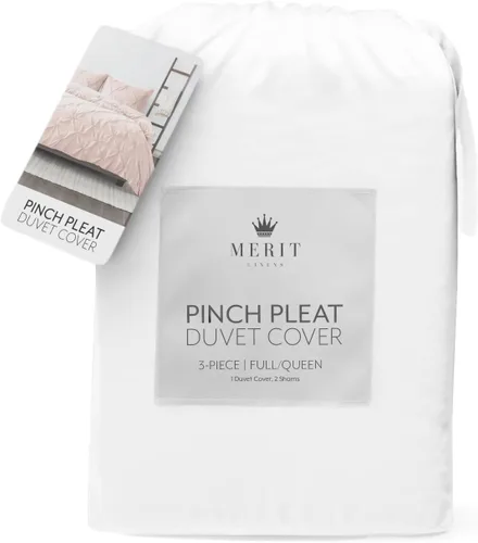 Vista 3 de Merit Linens Juego de funda de edredón de 3 piezas suave, ligero y transpirable con patrón y pliegues, color blanco, tamaño Queen, cierre