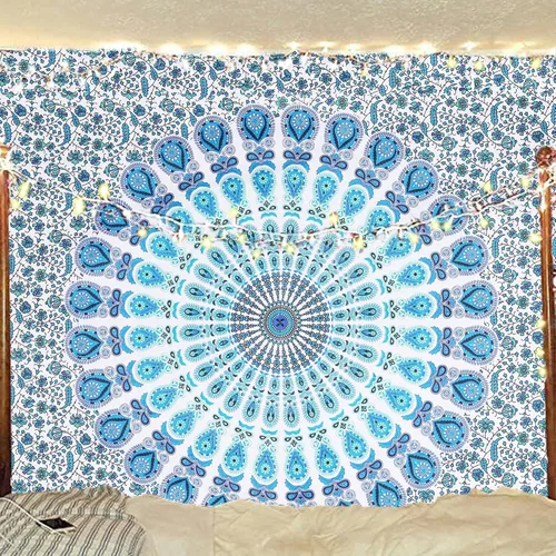 Vista 42 de Tapiz hippie indio bohemio psicodélico dorado azul pavo real mandala colgante en la pared (negro blanco, Queen (84 x 90 pulgadas) (84.6 x 90.6 in)