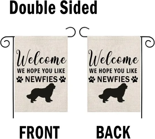Vista 2 de PWHAOO Newfie - Bandera de jardín con texto en inglés "Welcome We Hope You Like Newfie", bandera de jardín de Terranova, regalos para amantes