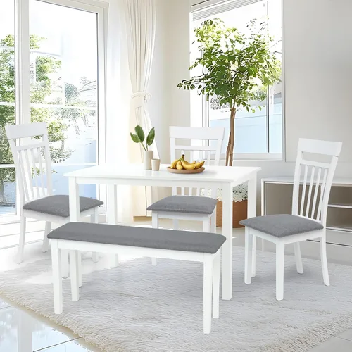 Vista 10 de Juego de mesa rectangular de 5 piezas, 3 sillas cálidas y 1 banco, madera maciza de estilo clásico, color espresso con tela sintética de cuero
