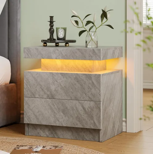 Vista 13 de Mesita de noche LED negra moderna con 2 cajones para mesa auxiliar de dormitorio