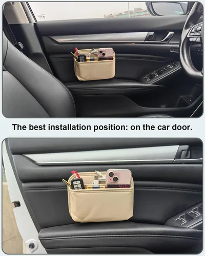 Vista 3 de Bolsa de almacenamiento para automóvil del conductor, organizador de bolsillo lateral pequeño para asientos de automóvil, puertas y consolas, cuero