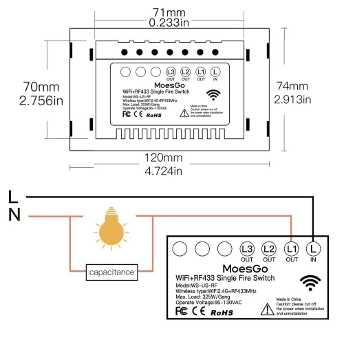 Vista 7 de MoesGo - Interruptor inteligente táctil de pared WiFi RF433 de segunda generación Smart Touch Wall Single Fire, no se necesita cable neutro