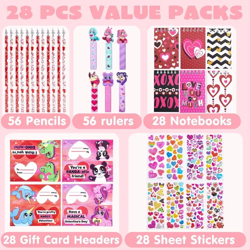Vista 2 de JOYIN Juego de 28 artículos de papelería para el día de San Valentín con tarjeta de regalo para niños, incluye lápices, reglas, cuaderno