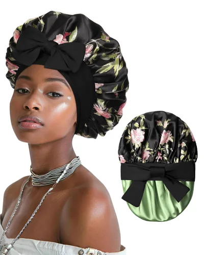 Vista 18 de Gorro de satén para mujeres, gorros de seda para dormir, gorro para cabello rizado con banda elástica con lazo, reversible de doble capa, gorro