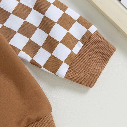 Vista 5 de Conjunto de sudadera de manga larga con retazos a cuadros para bebé, 2 piezas, para otoño e invierno