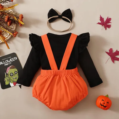Vista 3 de Trajes de Halloween para niña recién nacida, sudadera de manga larga, color liso, overoles con peto, overoles de fantasma, diadema con lazo, ropa