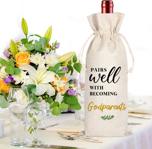 Vista 4 de Regalo de propuesta de padrinos, bolsas de vino, se adapta a botellas estándar de 25.4 fl oz, cierre de cordón, unisex, beige, algodón, rústico