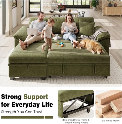 Vista 7 de Ihanherry Sofá modular de 86 pulgadas con cama extraíble, sofá cama modular en forma de L de 4 plazas con otomana de almacenamiento, sofás Verde