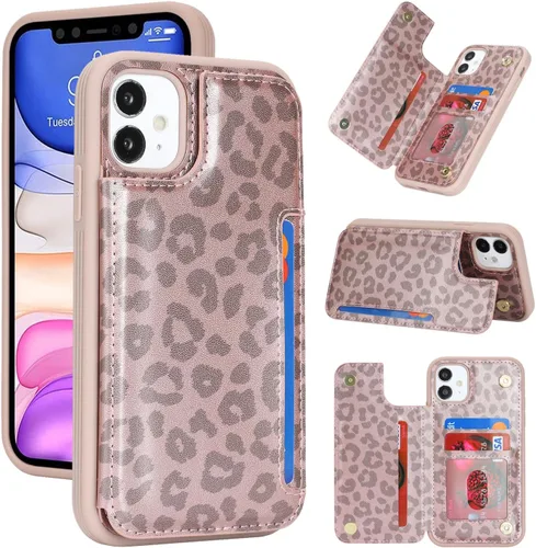 Vista 13 de iCoverCase Compatible con iPhone 11 Funda con Portador de Tarjetas, Funda de Teléfono Tipo Billetera para Mujeres Hombres Bloqueo RFID Funda Beige