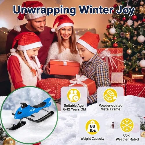 Vista 6 de GYMAX Trineo Snow Racer, trineo con manijas de dirección, frenos Azul