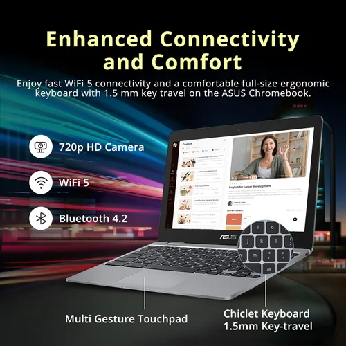 Vista 4 de ASUS Laptop Chromebook C223 HD de 11.6/'', procesador Intel Celeron N3350, 4 GB de RAM, memoria flash eMMC de 32 GB, gráficos Intel HD, cámara web