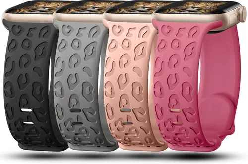 Vista 8 de CreateGreat - Paquete de 4 bandas grabadas con diseño de leopardo compatibles con Apple Watch para mujeres de 38mm 40mm 41mm 42mm 44mm 45mm 46mm