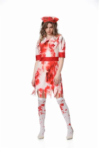 Vista 4 de Disfraz de enfermera de Halloween para mujer, disfraz de enfermera inmortal para adultos, disfraz de enfermera zombi para Halloween, fiesta