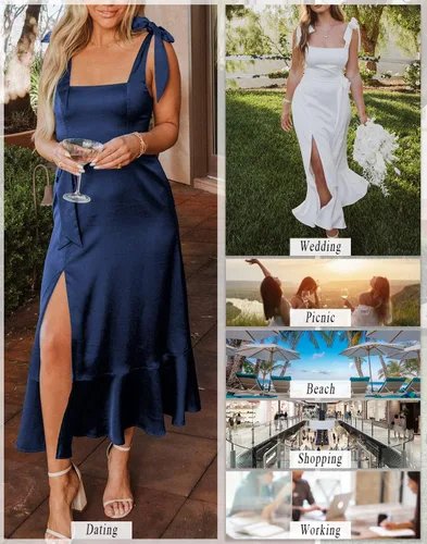 Vista 5 de MIRGLER Vestido de satén con cuello cuadrado para mujer, con lazo en la espalda, cintura alta, volantes, acampanado, abertura lateral, vestidos midi