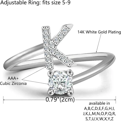 Vista 2 de Haoze - Anillo de letras iniciales para mujeres y niñas anillo de plata ajustable y apilable de letras anillo ajustable con incrustaciones