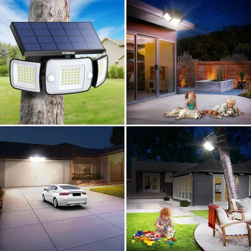 Vista 6 de intelamp Luz de inundación solar para exteriores, impermeable, 6000 mAh, 1200 lúmenes, luces Sesnsor de doble movimiento, detección de 180°, control