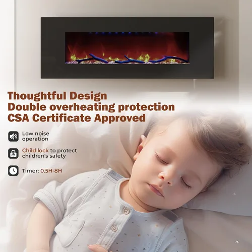 Vista 5 de Chimenea eléctrica de 50 pulgadas con altavoces de música montada en la pared de bajo ruido ultra fina chimenea lineal ajustable 8 colores de llama
