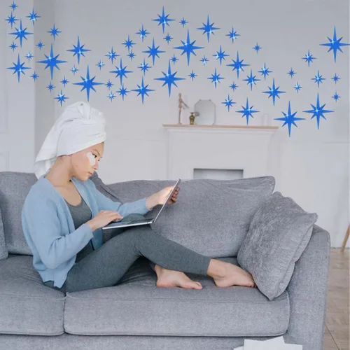 Vista 5 de ELANE 100 calcomanías de pared de espejo acrílico, decoración de estrellas para baño (azul)