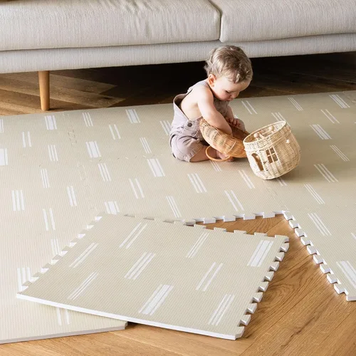 Vista 10 de Alfombra de juego Lillefolk para bebés para el piso – 4x6 pies Beige Azulejos suaves de espuma EVA no tóxicos premium para tiempo de barriga
