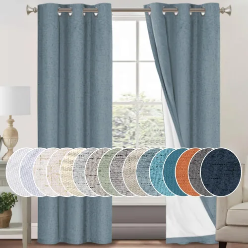 Vista 30 de Cortinas con textura de lino 100% opacas de 64 pulgadas de largo, juego de 2 paneles de cortinas de lino opacas con forro aislante térmico que Arena
