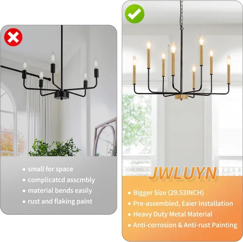 Vista 4 de Candelabro de 8 luces negras y doradas: candelabros estilo vela de 29.5 pulgadas con brazos de candelabro - Moderna lámpara de comedor de granja