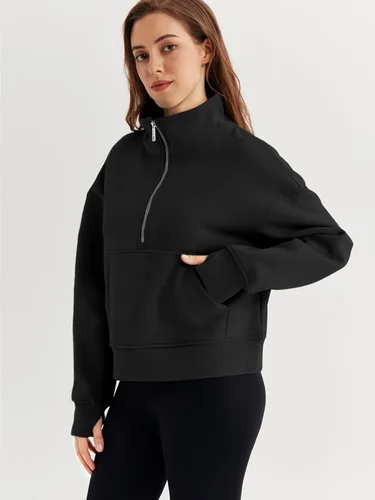 Vista 3 de EFAN Sudaderas cortas para mujer, con media cremallera, forro polar, con cremallera de un cuarto, sudaderas con capucha 2023, ropa de moda de otoño