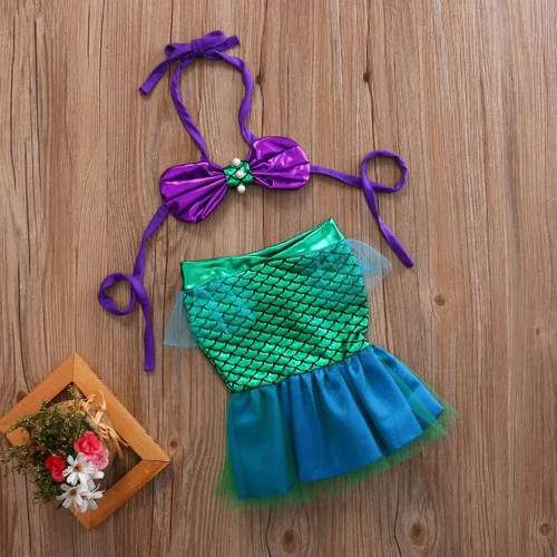 Vista 4 de Traje de dos piezas para niñas con cuello colgante de sirena y cuello halter de perlas + traje de tul con retazos de cola de sirena
