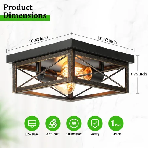 Vista 2 de Lámpara de techo de bronce cepillado para pasillo, lámpara de techo industrial de granja de montaje empotrado de 2 luces, lámpara de cocina de metal