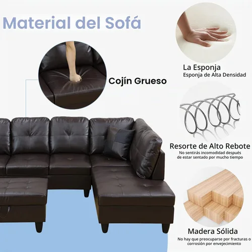 Vista 4 de Sofá modular para sala de estar, sofá seccional de cuero marrón en forma de L con diván y otomano de almacenamiento para sala de estar B- marrón