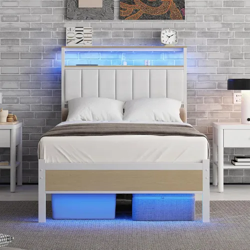 Vista 13 de Marco de cama matrimonial con estación de carga y luces LED, cabecero tapizado en negro con estantes de almacenamiento de 2 niveles, marco de cama