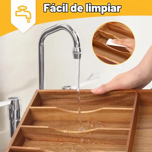 Vista 7 de Organizador de cubiertos de acacia de cocina, divisor de cajón ranurado extraprofundo, organizador de utensilios de 7 ranuras