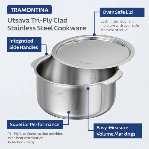 Vista 3 de Tramontina Utsava Tope de Acero Inoxidable Tri-Capa de 1.75 Cuartos con Tapa, Olla Patila Pequeña para Cocina India