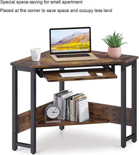 Vista 2 de Escritorio esquinero con bandeja para teclado, escritorio triangular para computadora, escritorio de esquina para espacio pequeño, escritorio
