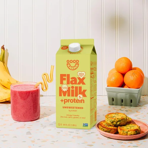 Vista 5 de Good Karma Leche de lino sin azúcar + proteína, 64 onzas, 5 g de proteína vegetal + 1200 mg de omega-3 por porción, alternativa a la leche no láctea