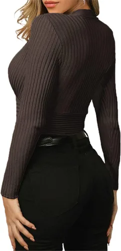 Vista 3 de Fangetey Suéter sexy de manga larga con cuello en V profundo para mujer