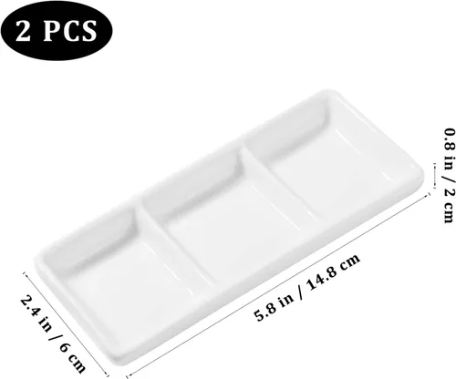 Vista 2 de DOITOOL 2 platos de cerámica para servir, 3 compartimentos, bandejas para servir aperitivos, platos de salsa divididos rectangulares blancos