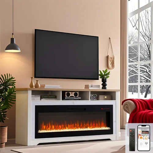 Vista 9 de Soporte de TV con chimenea de 60 pulgadas con chimenea eléctrica inteligente 50, aplicación y control de voz, centro de entretenimiento de mármol