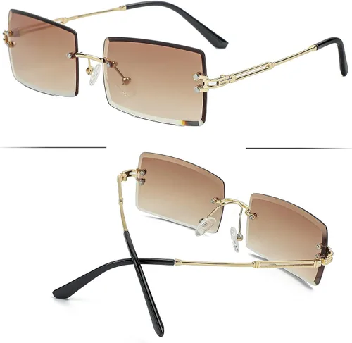 Vista 4 de Lentes de sol rectangulares sin montura para mujeres y hombres, a la moda A1 Marrón degradado