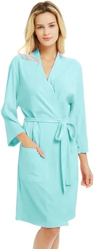 Vista 13 de U2SKIIN Batas para mujer, 100% algodón, ligeras batas con mangas 3/4, kimono de punto, suaves, ropa de casa, bata corta de baño A-algodón gris