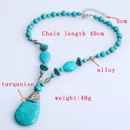 Vista 5 de Juego de 3 piezas de turquesa un collar turquesa un par de aretes de borla con dije de turquesa una pulsera elástica de color turquesa para mujer