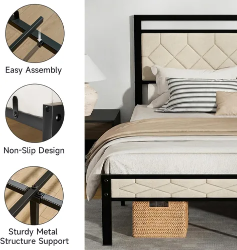 Vista 6 de Z-hom Base de cama matrimonial tapizada de fácil montaje y cabecera