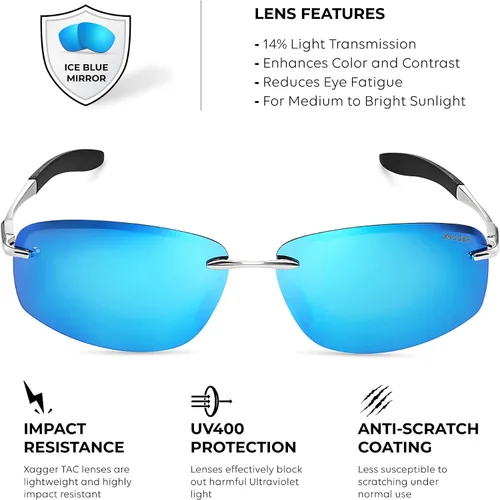 Vista 3 de Xagger Gafas de sol polarizadas para hombre, marco de metal sin marco, protección UV400, gafas de sol