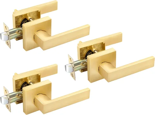 Vista 30 de EHOMEWARE - Juego de manijas de puerta delantera doble de latón, manija de puerta de latón cuadrado resistente en oro y cerradura de un solo
