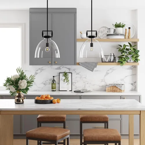 Vista 2 de Nathan James Leigh Iluminación Colgante, Luz Colgante de Techo Negra con Pantalla de Vidrio de Gran Tamaño y Cable Ajustable, para Isla de Cocina