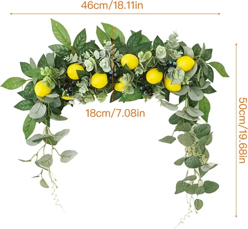 Vista 2 de Firlar Guirnalda de flores artificiales, 18 pulgadas con bayas de limón, hojas verdes, adorno colgante floral para puerta, para boda, hogar, fiesta