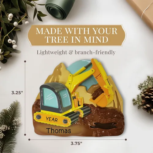 Vista 4 de Adorno personalizado de excavadora 2026 Adornos de Navidad personalizados con láser grabados con láser para árbol Regalo de recuerdo de vehículo