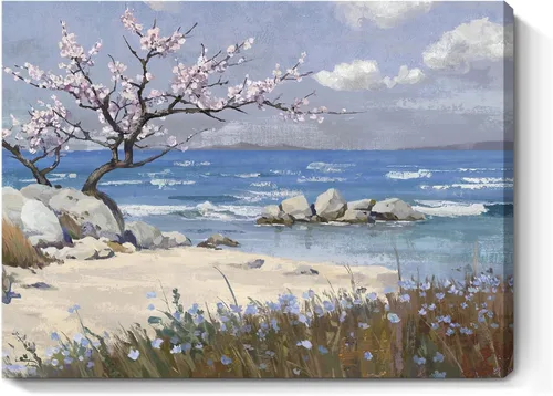 Vista 29 de Arte de pared para baño, decoración costera, barco náutico en la playa, lienzo con imagen de gaviota del océano, paisaje marino, arte de granja